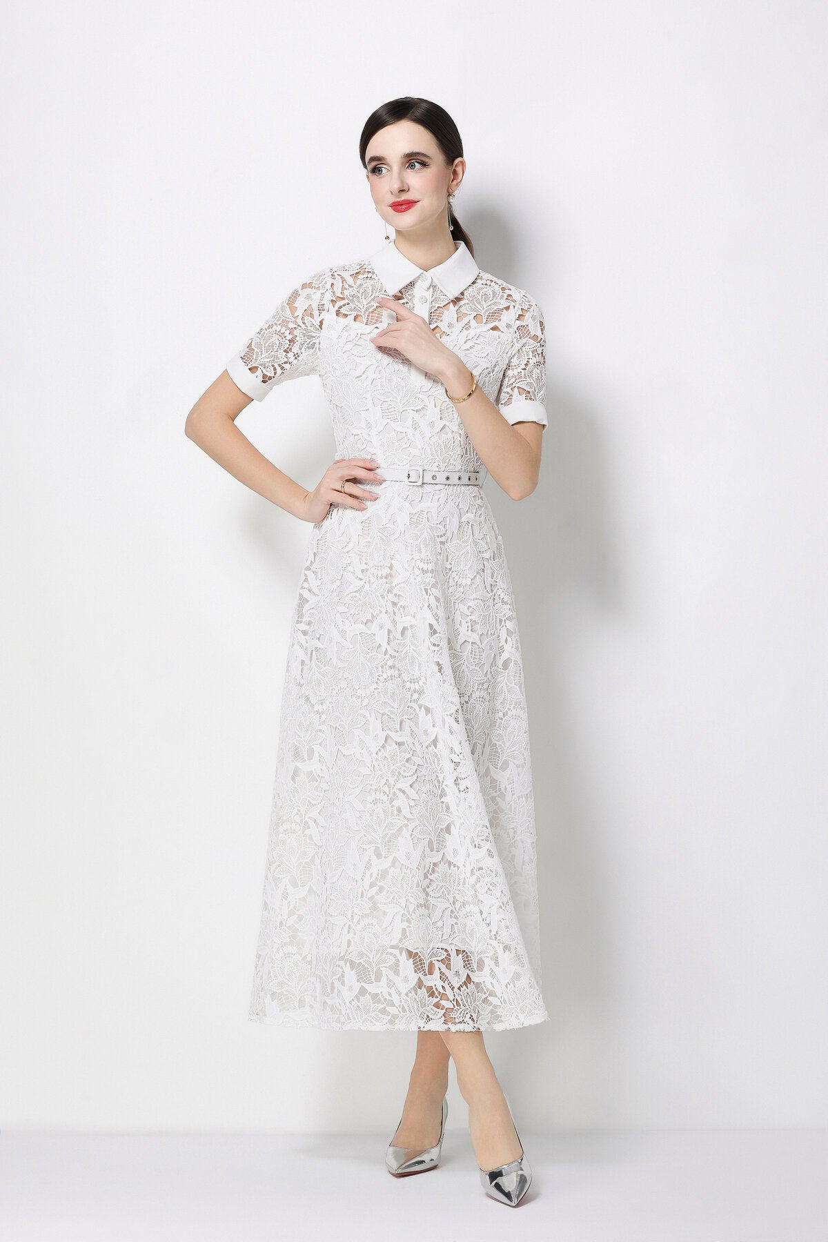 Floral Guipure Lace Shirt Collar Midi Dress