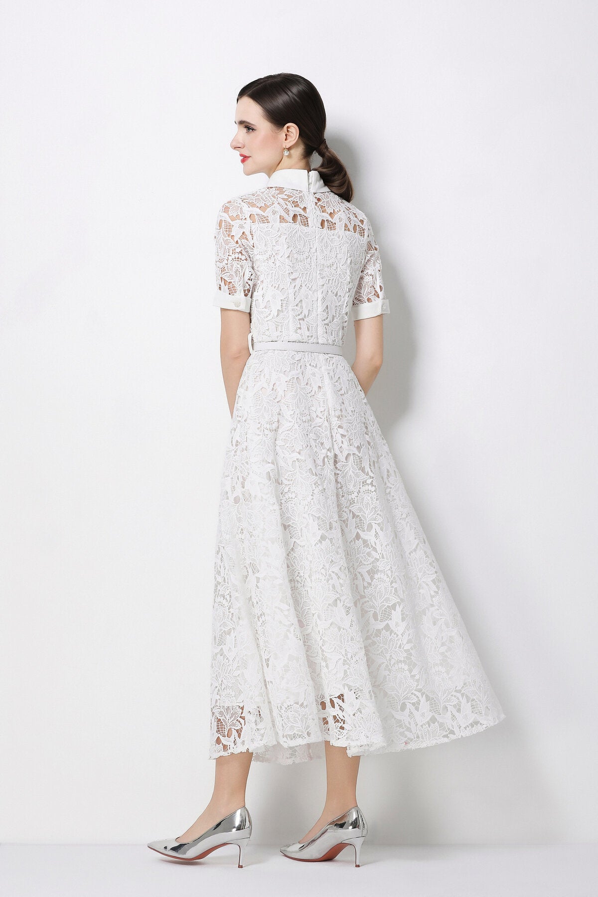 Floral Guipure Lace Shirt Collar Midi Dress