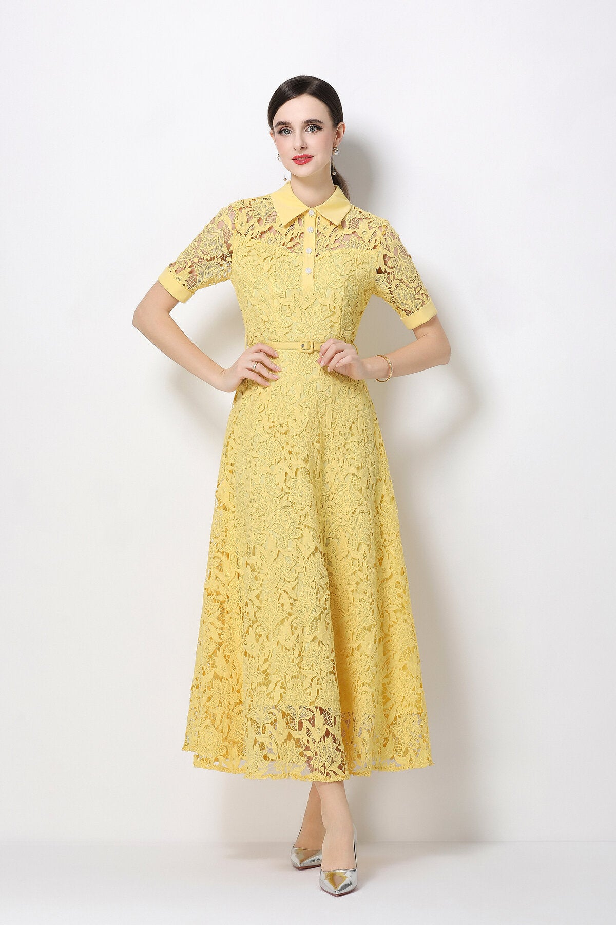 Floral Guipure Lace Shirt Collar Midi Dress
