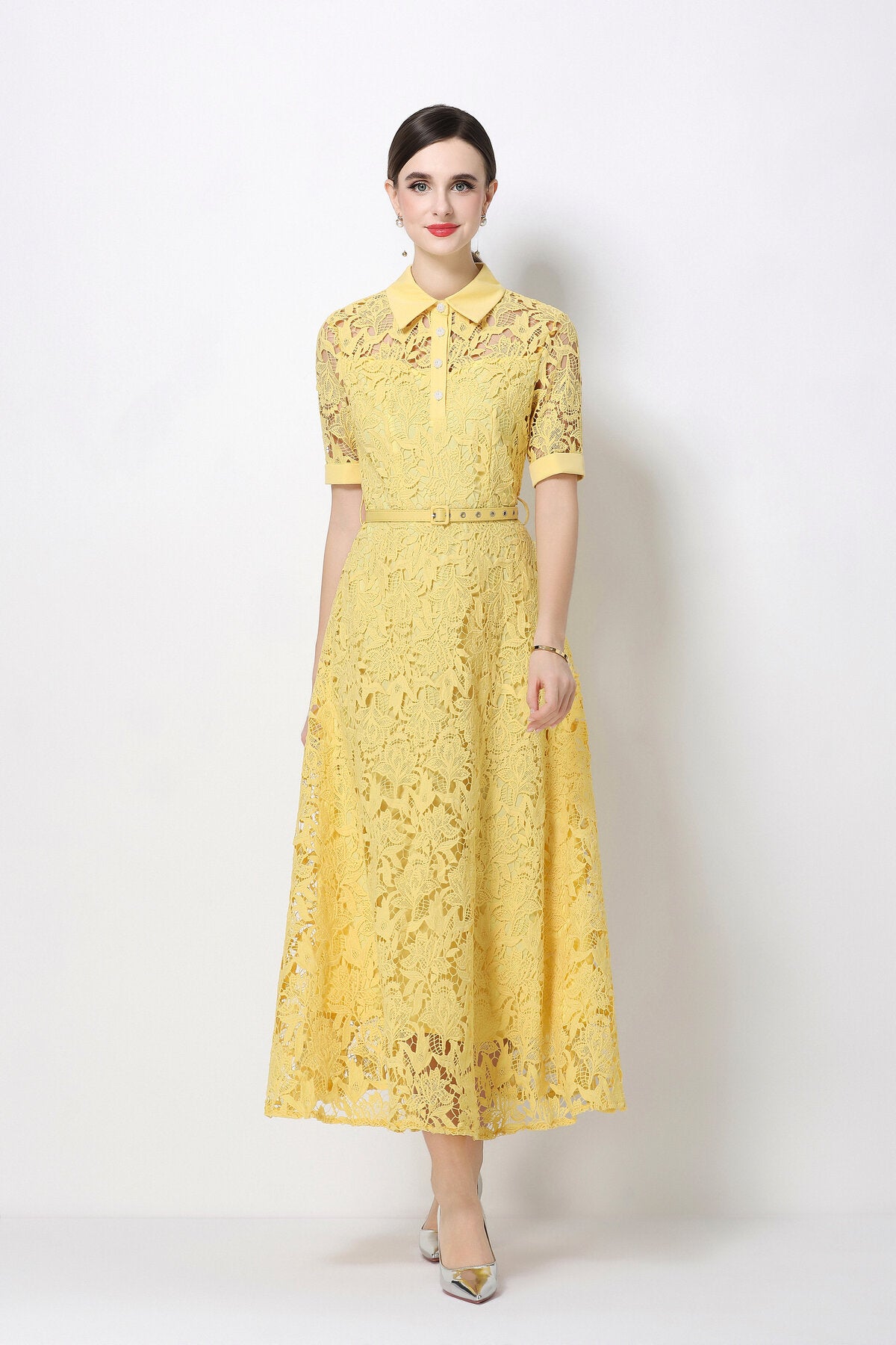 Floral Guipure Lace Shirt Collar Midi Dress
