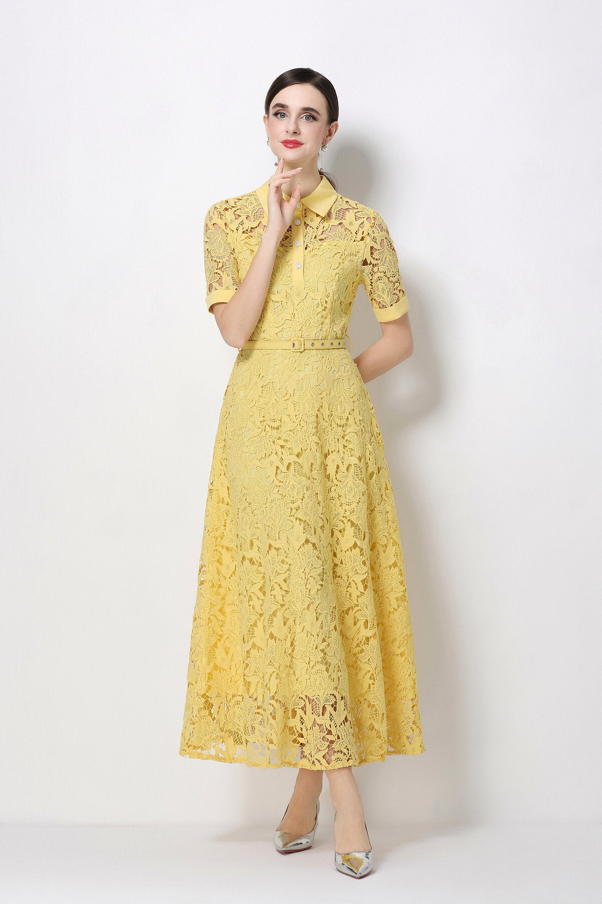 Floral Guipure Lace Shirt Collar Midi Dress