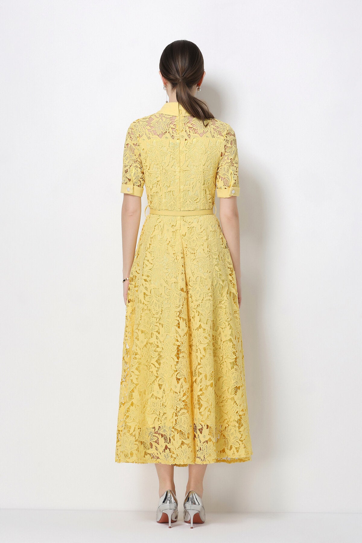 Floral Guipure Lace Shirt Collar Midi Dress