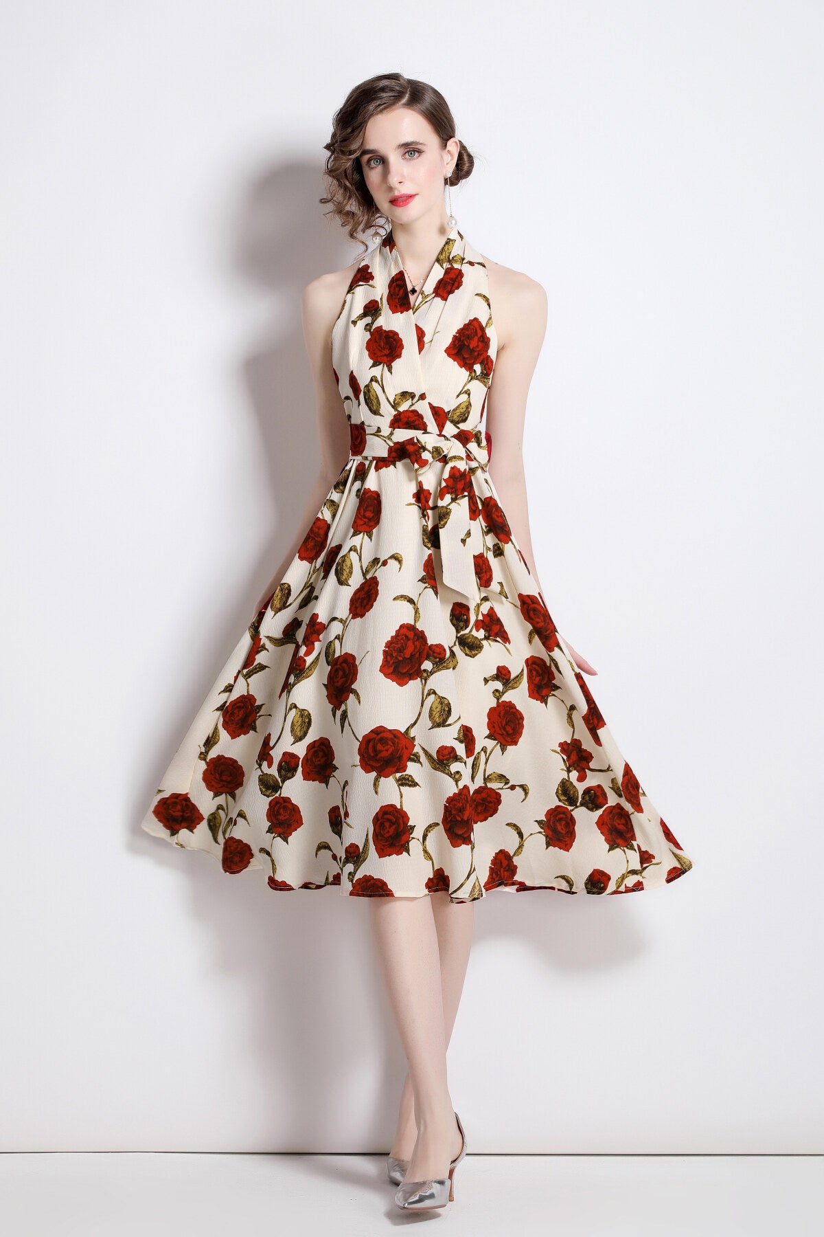 floral high waisted slimming halter neck beige a line dress all beige 1