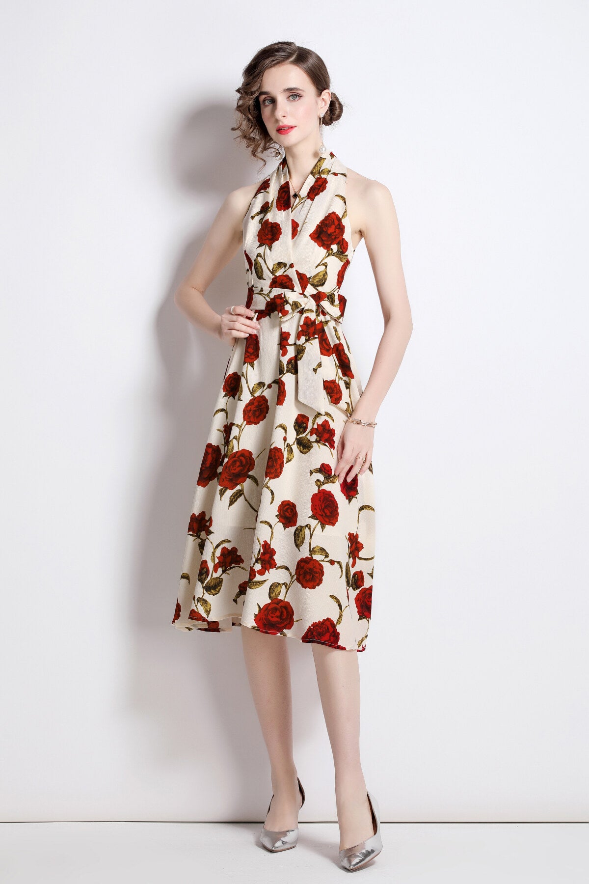floral high waisted slimming halter neck beige a line dress all beige 2