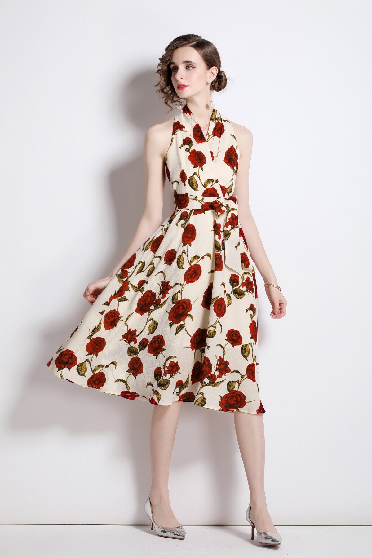 floral high waisted slimming halter neck beige a line dress all beige 3