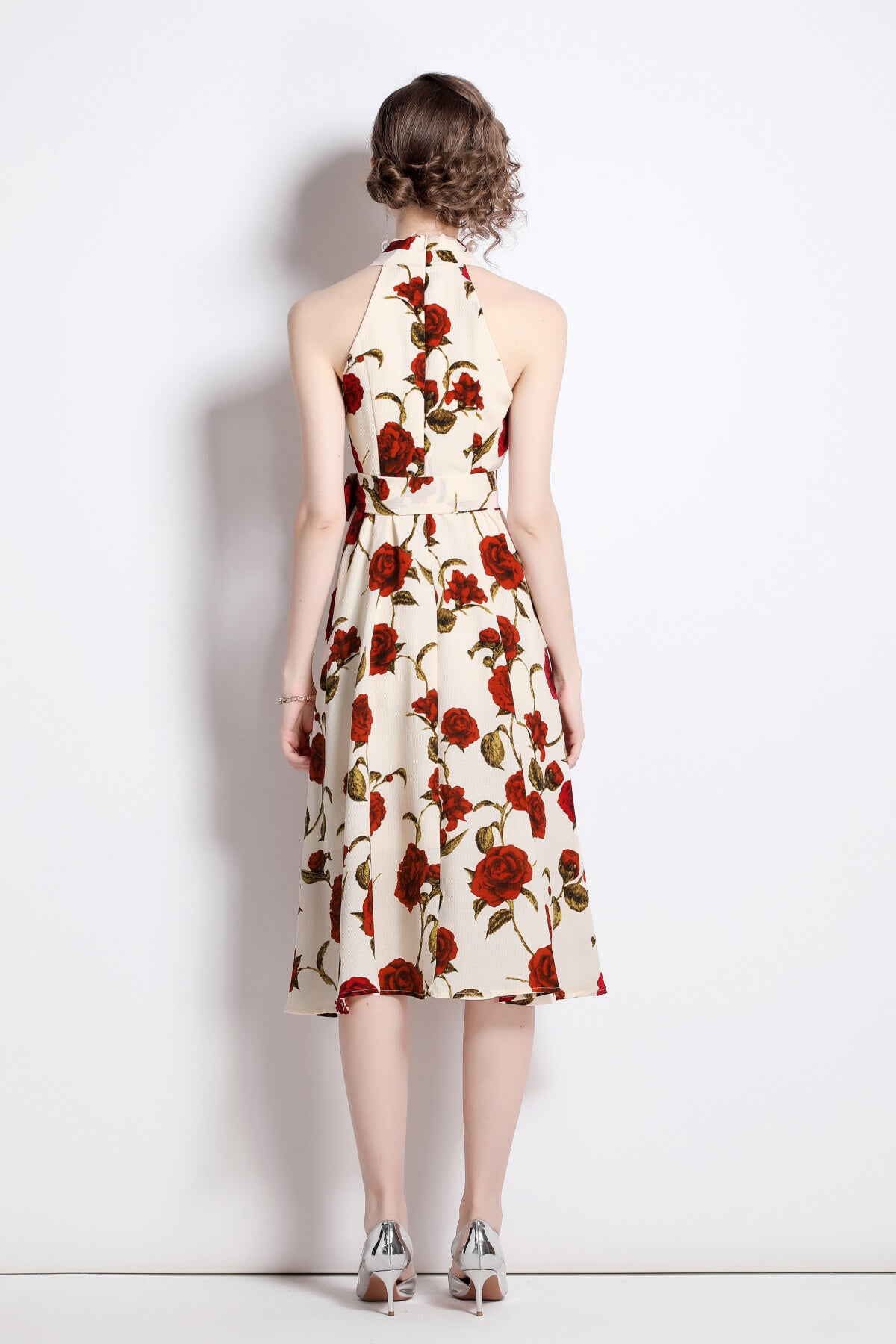 floral high waisted slimming halter neck beige a line dress all beige 4