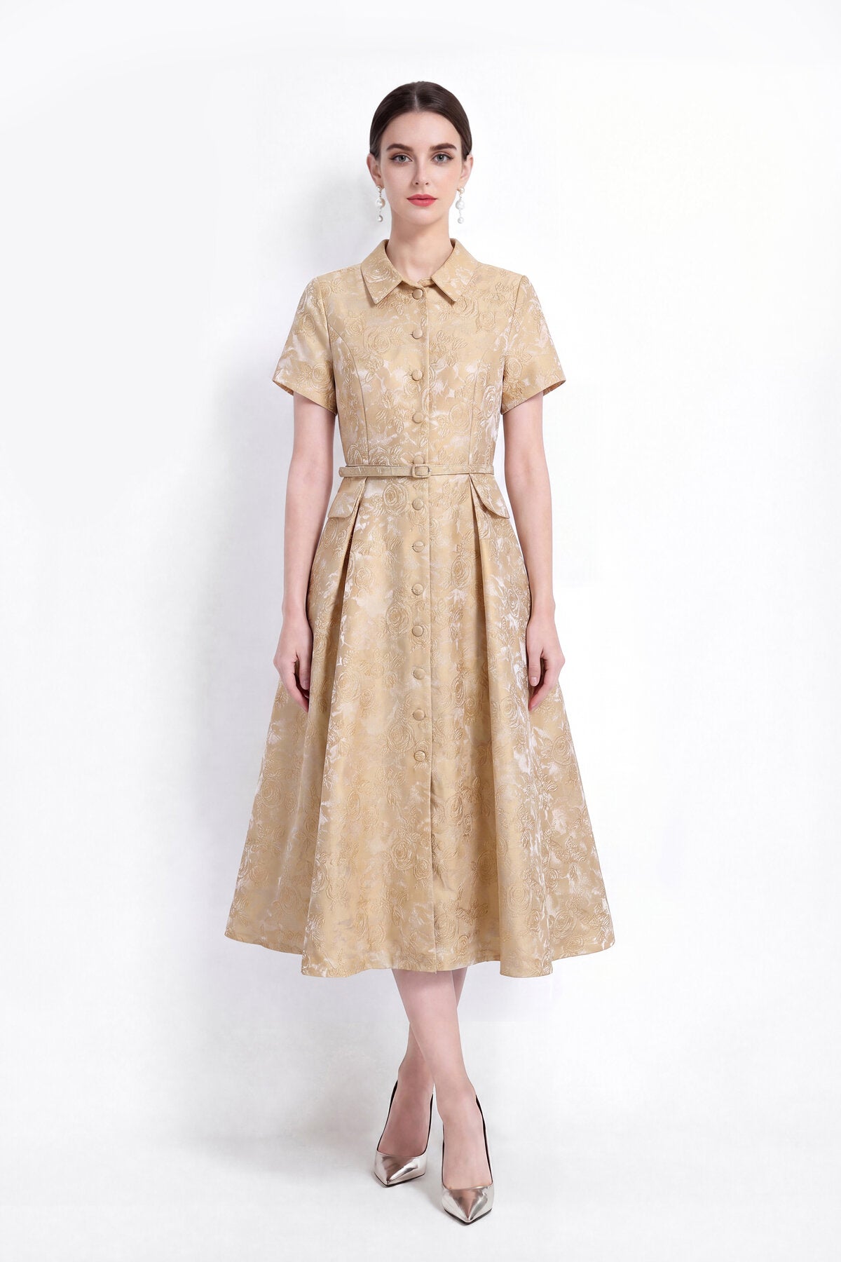 Floral Jacquard Point-Collar Shirt Midi Dress with Flap Pockets & Belted Waist