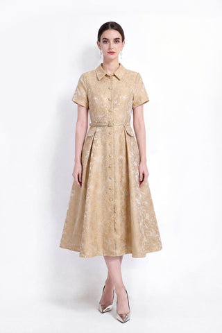 Floral Jacquard Point-Collar Shirt Midi Dress with Flap Pockets & Belted Waist
