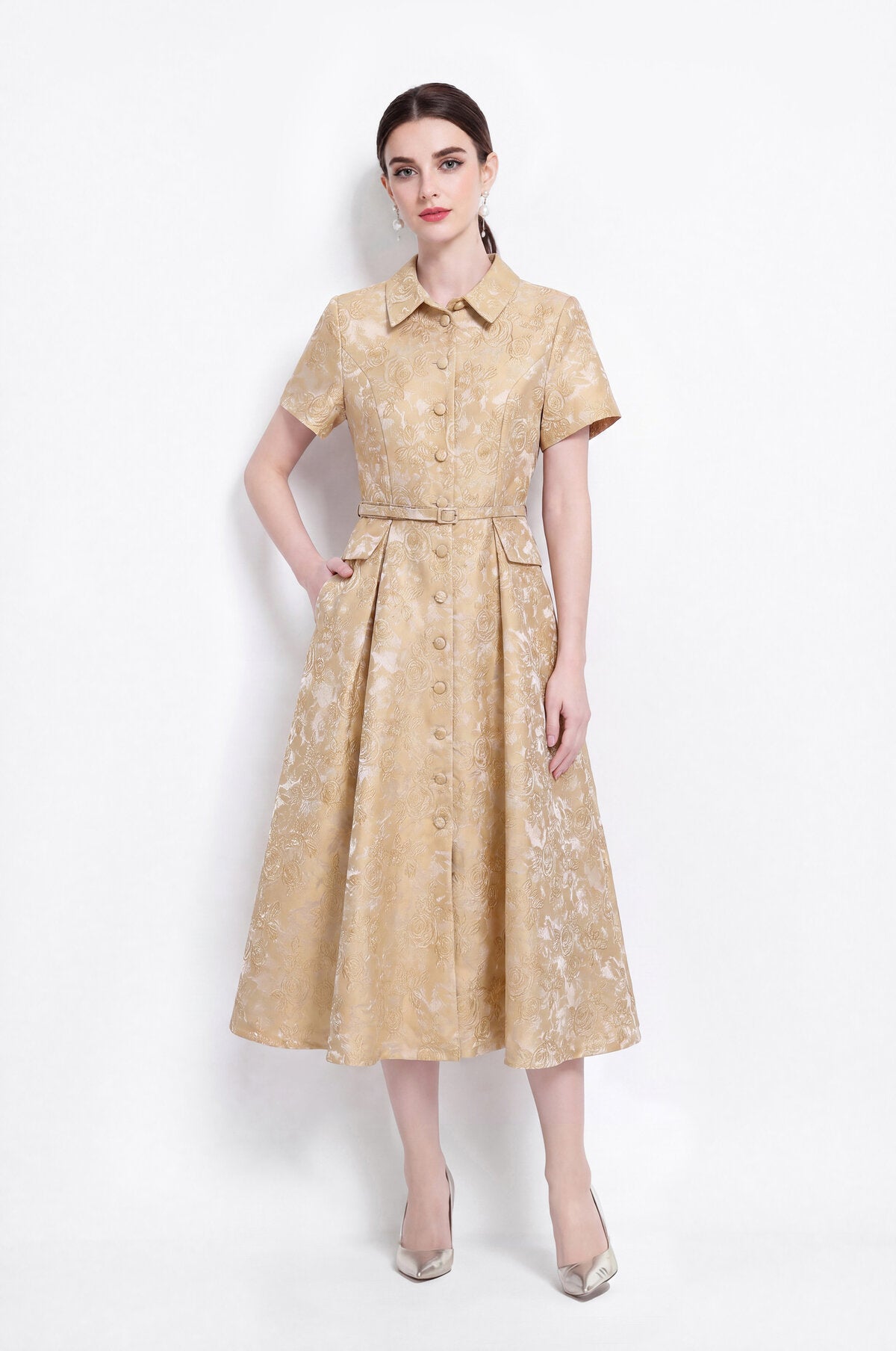 Floral Jacquard Point-Collar Shirt Midi Dress with Flap Pockets & Belted Waist