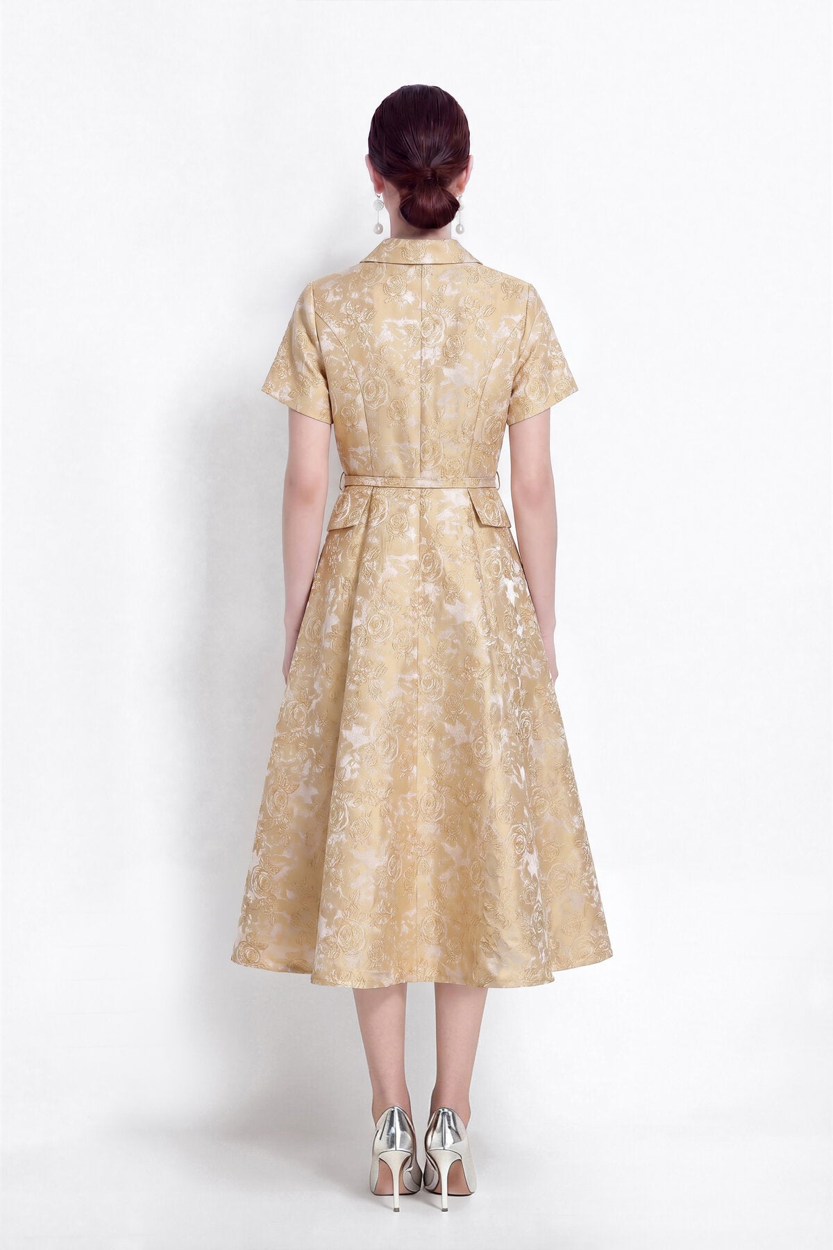 Floral Jacquard Point-Collar Shirt Midi Dress with Flap Pockets & Belted Waist