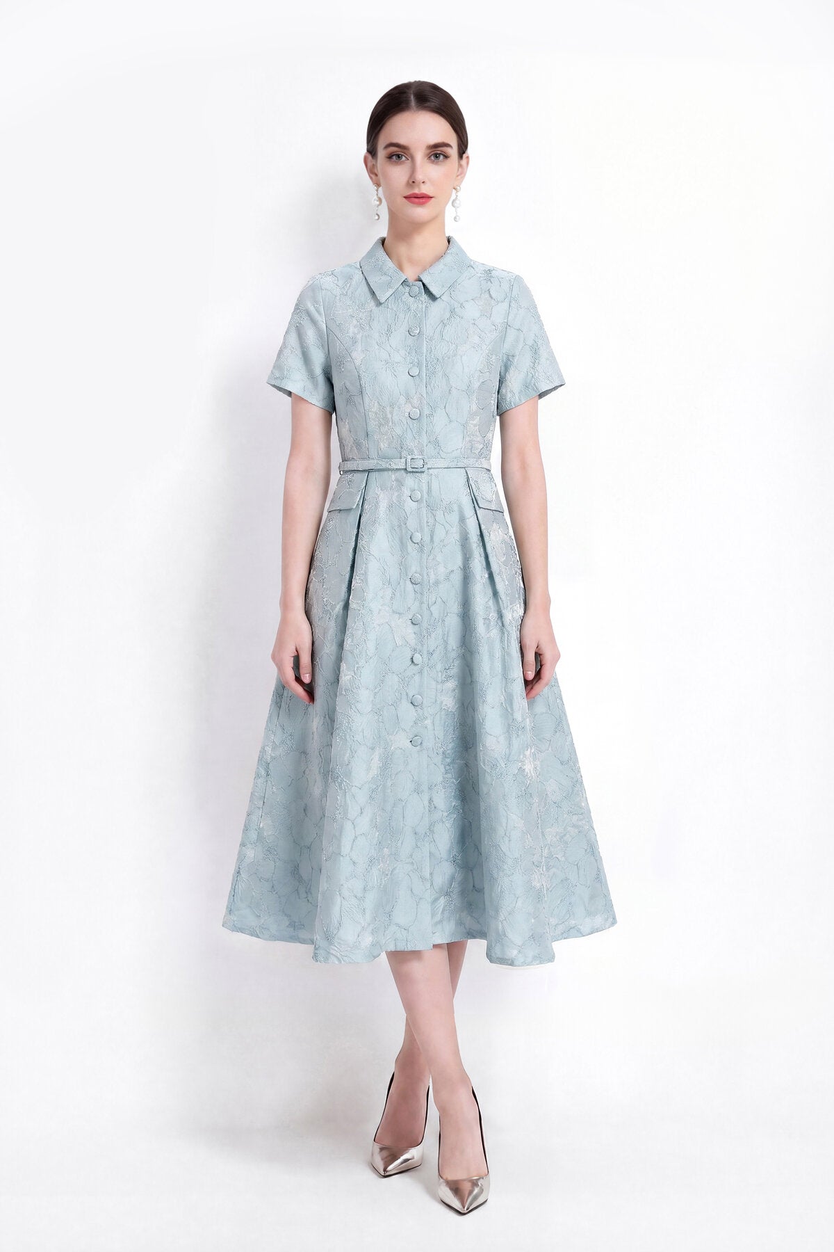 Floral Jacquard Point-Collar Shirt Midi Dress with Flap Pockets & Belted Waist