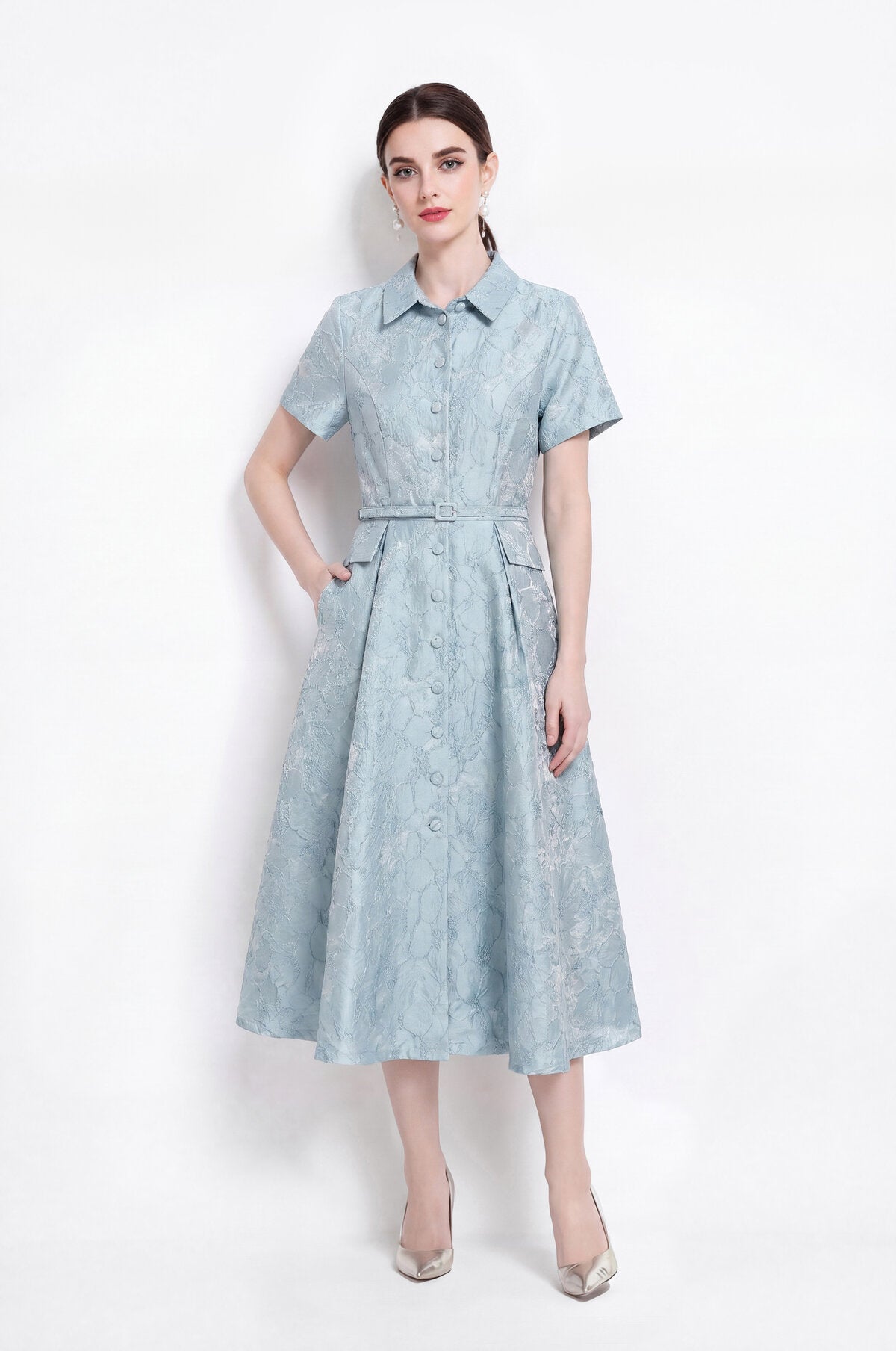 Floral Jacquard Point-Collar Shirt Midi Dress with Flap Pockets & Belted Waist