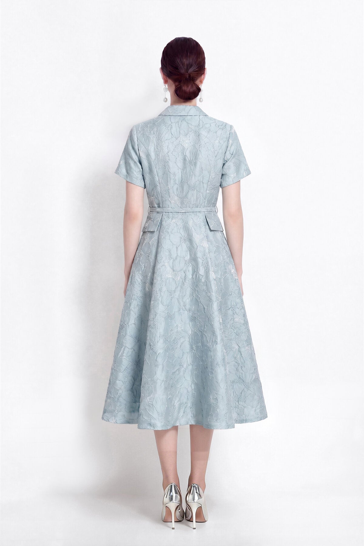 Floral Jacquard Point-Collar Shirt Midi Dress with Flap Pockets & Belted Waist