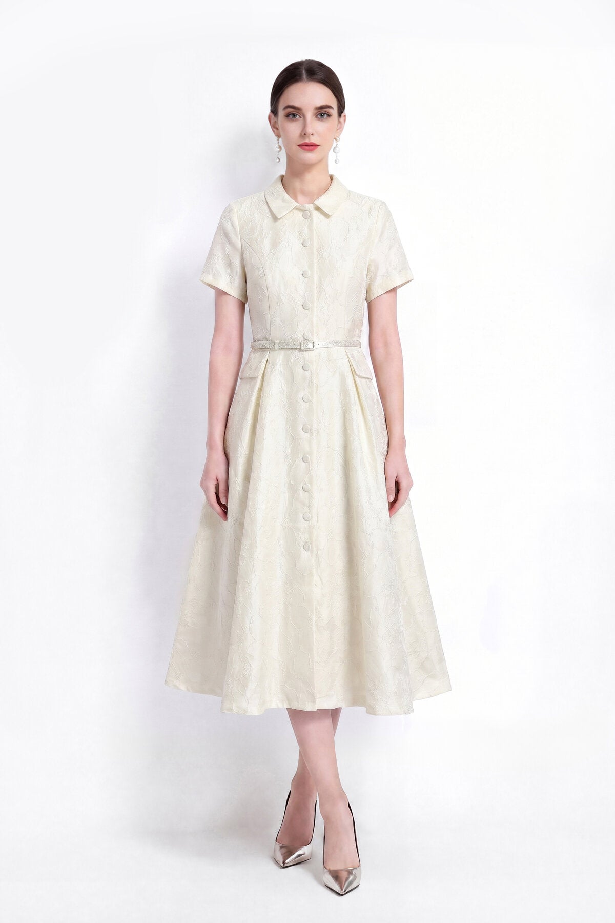 Floral Jacquard Point-Collar Shirt Midi Dress with Flap Pockets & Belted Waist