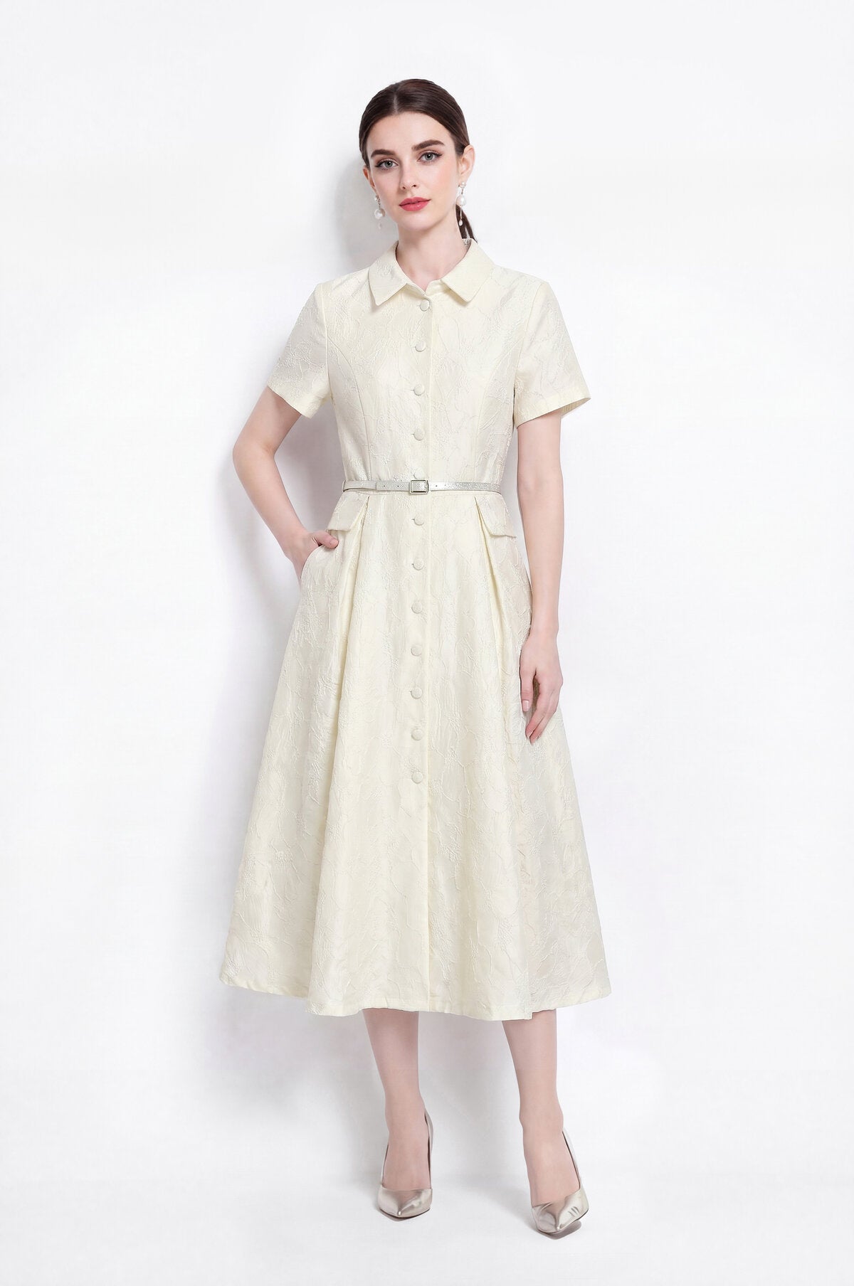 Floral Jacquard Point-Collar Shirt Midi Dress with Flap Pockets & Belted Waist