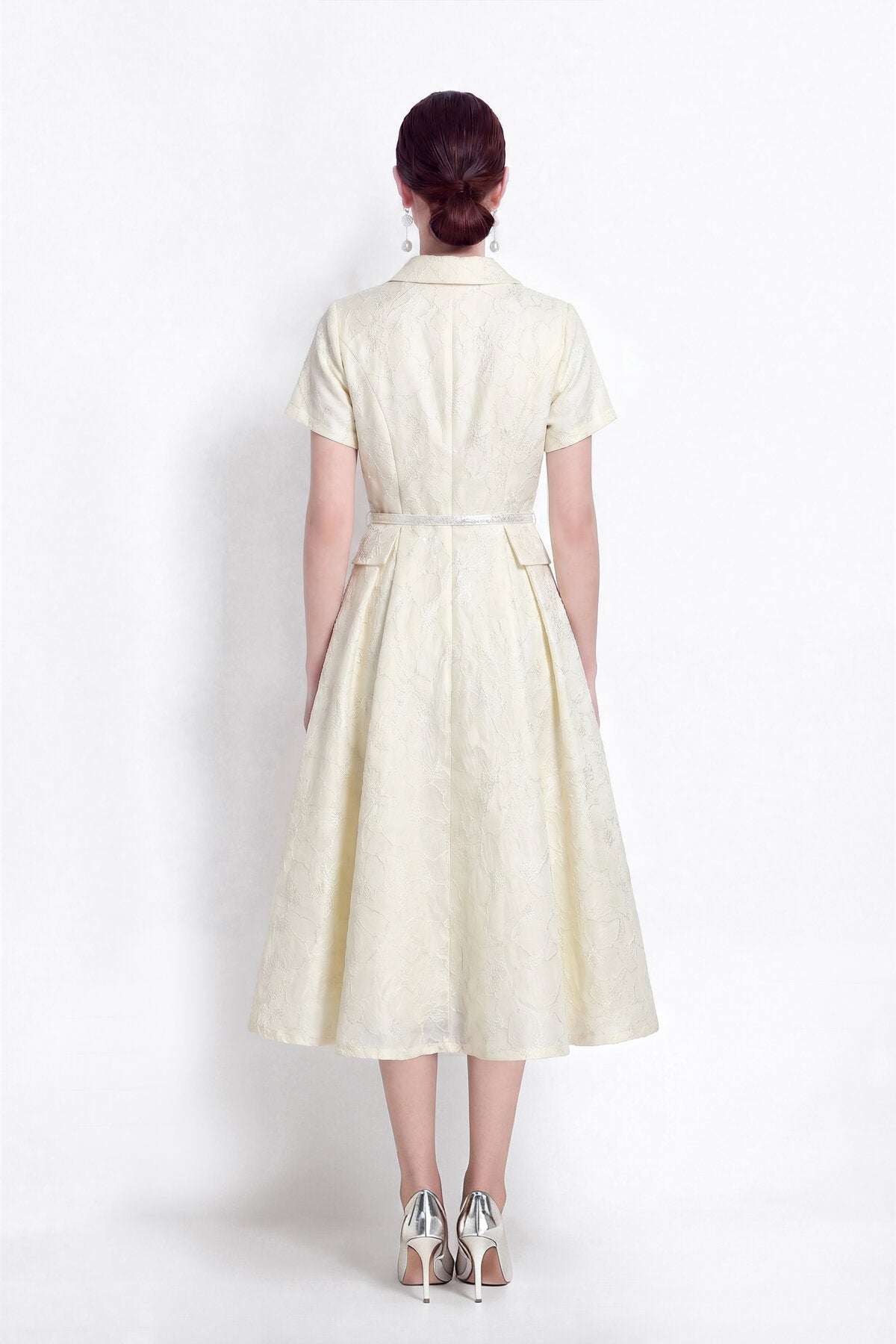 Floral Jacquard Point-Collar Shirt Midi Dress with Flap Pockets & Belted Waist