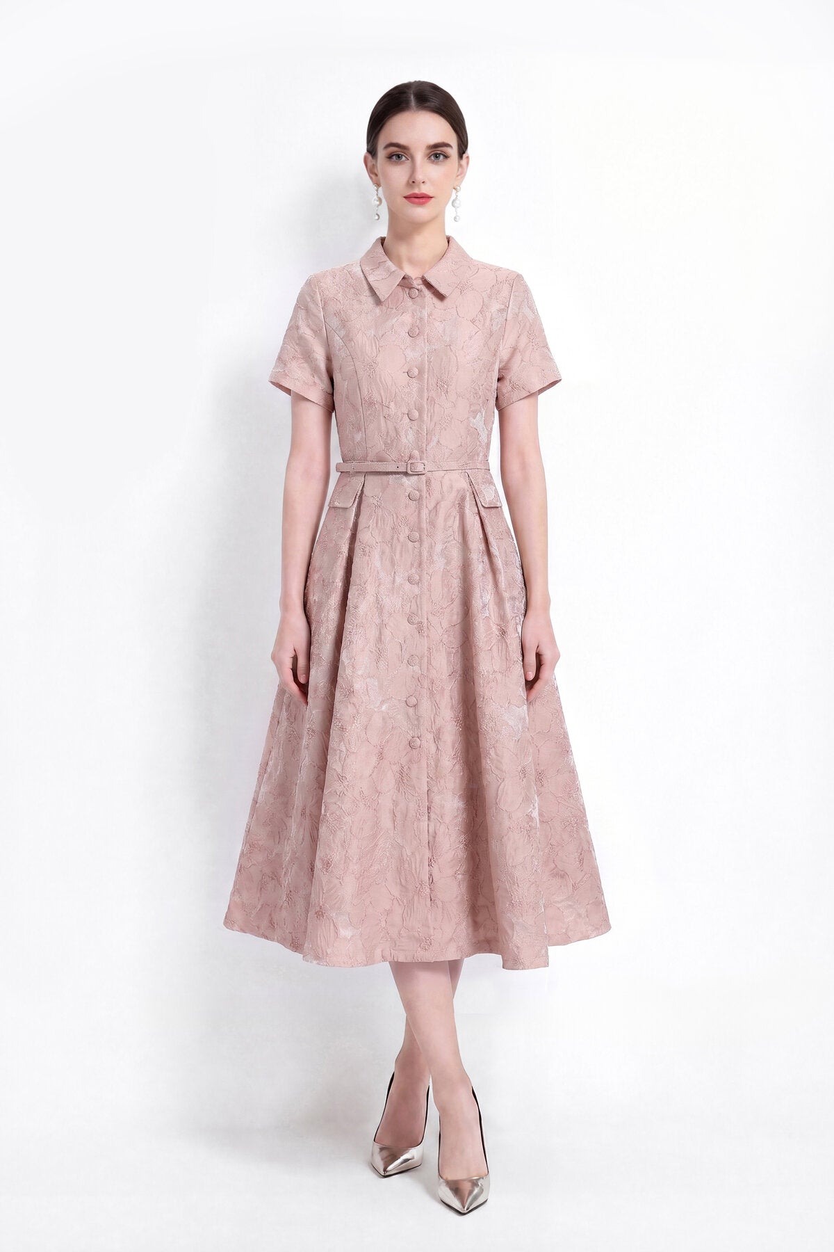 Floral Jacquard Point-Collar Shirt Midi Dress with Flap Pockets & Belted Waist