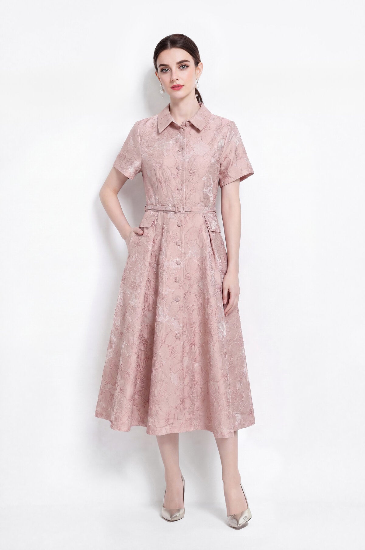 Floral Jacquard Point-Collar Shirt Midi Dress with Flap Pockets & Belted Waist