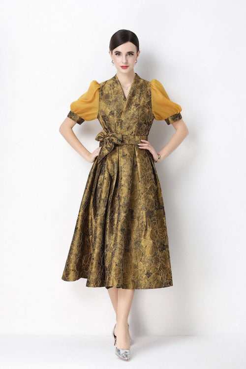 Floral Jacquard Puff-Sleeve Wrap Midi Dress