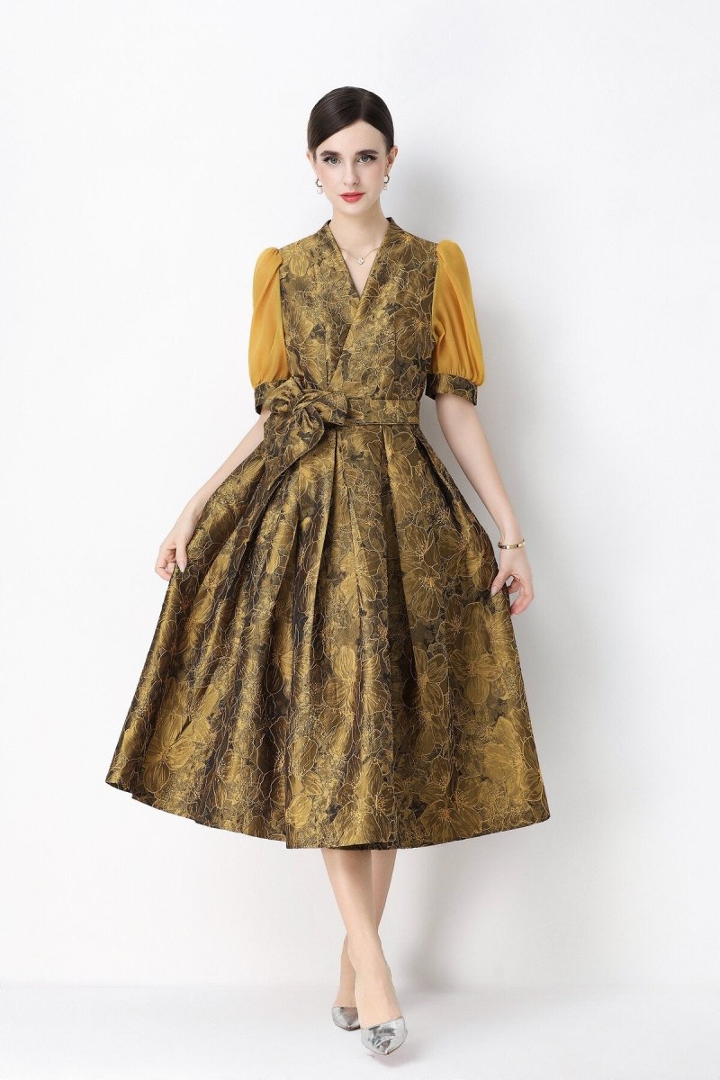 Floral Jacquard Puff-Sleeve Wrap Midi Dress