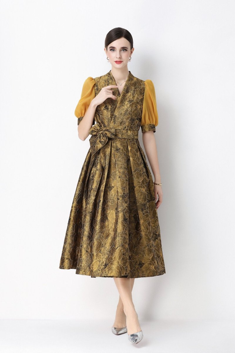 Floral Jacquard Puff-Sleeve Wrap Midi Dress