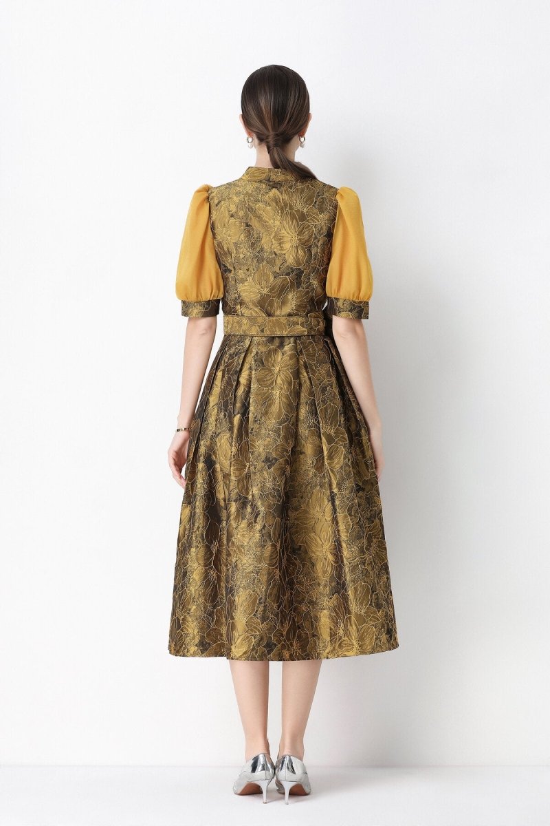 Floral Jacquard Puff-Sleeve Wrap Midi Dress