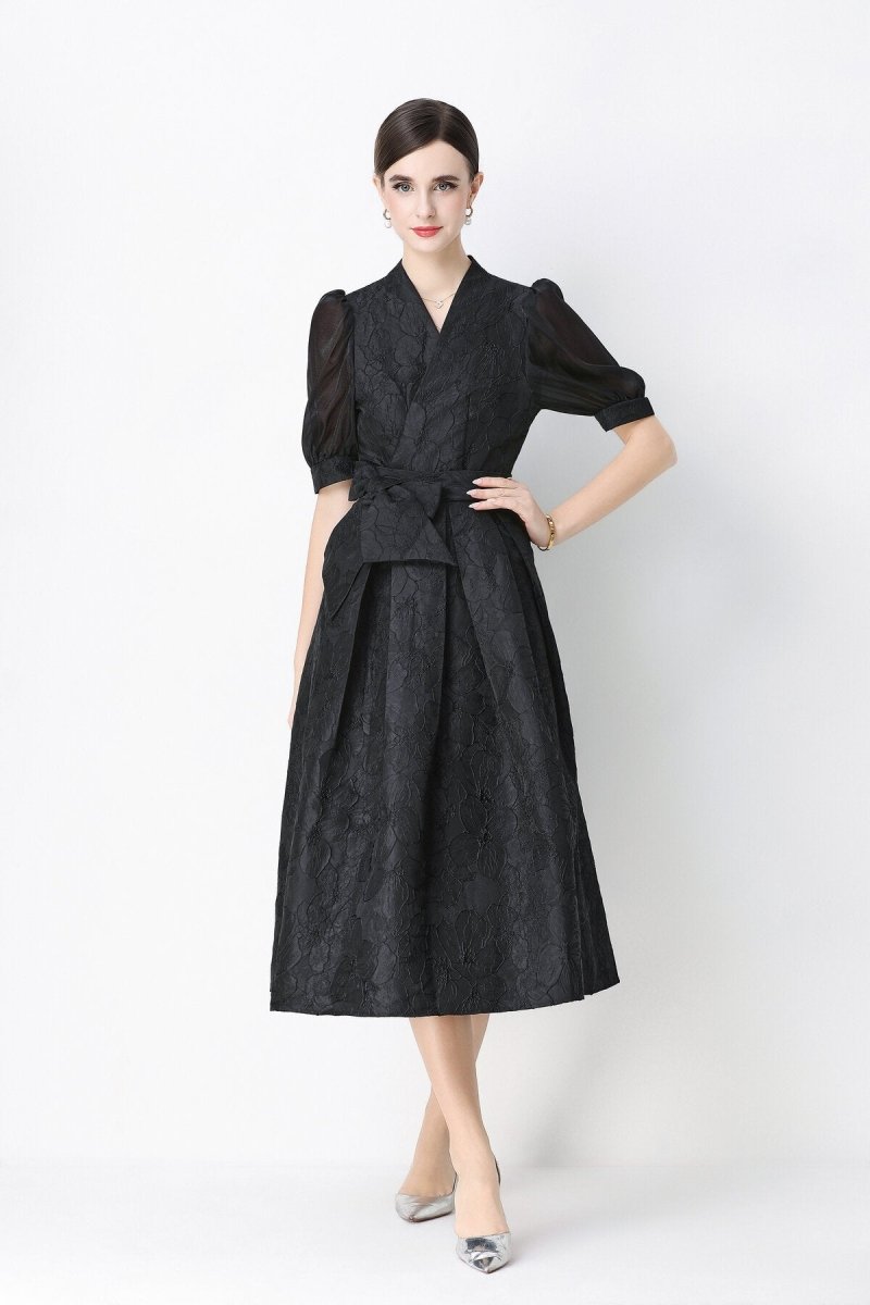 Floral Jacquard Puff-Sleeve Wrap Midi Dress