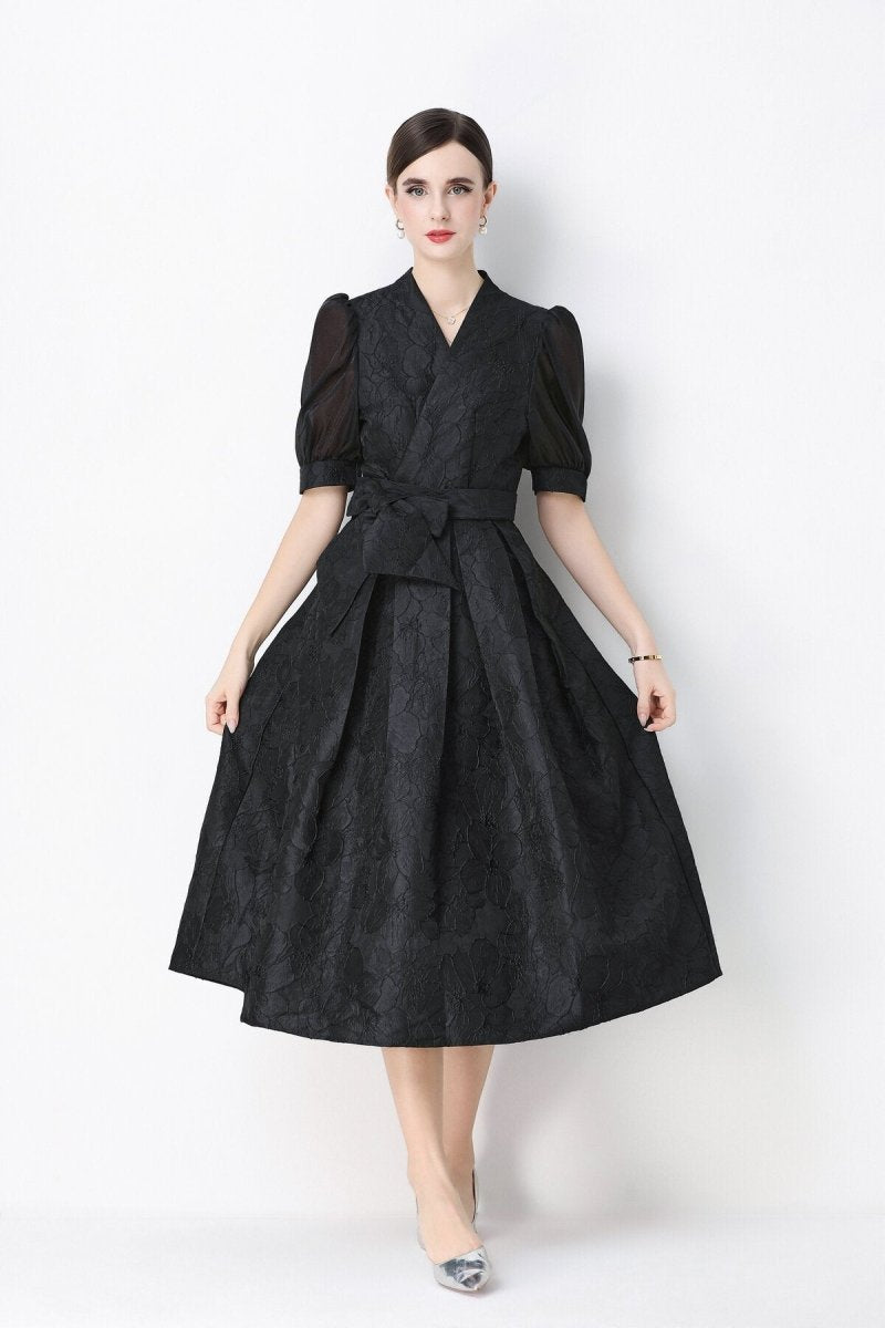 Floral Jacquard Puff-Sleeve Wrap Midi Dress