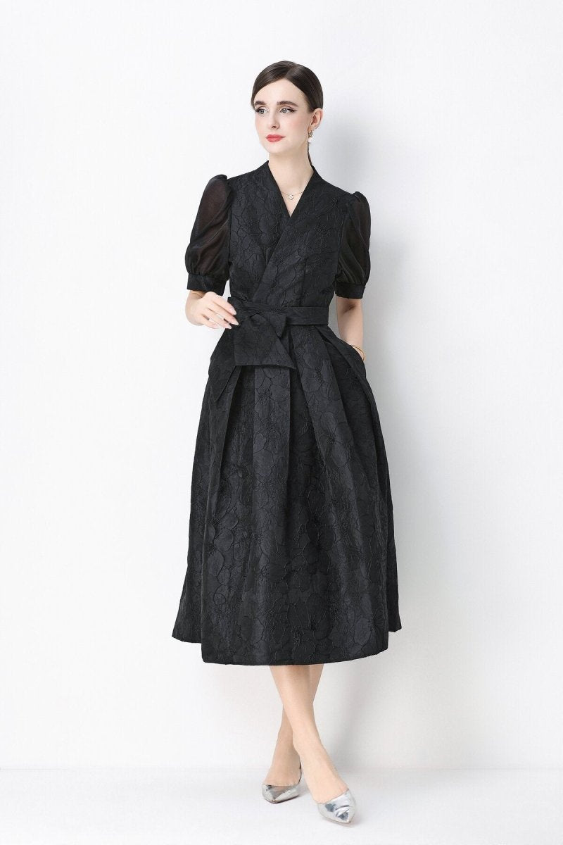 Floral Jacquard Puff-Sleeve Wrap Midi Dress