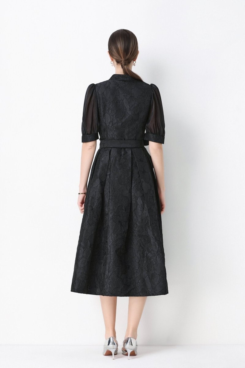 Floral Jacquard Puff-Sleeve Wrap Midi Dress