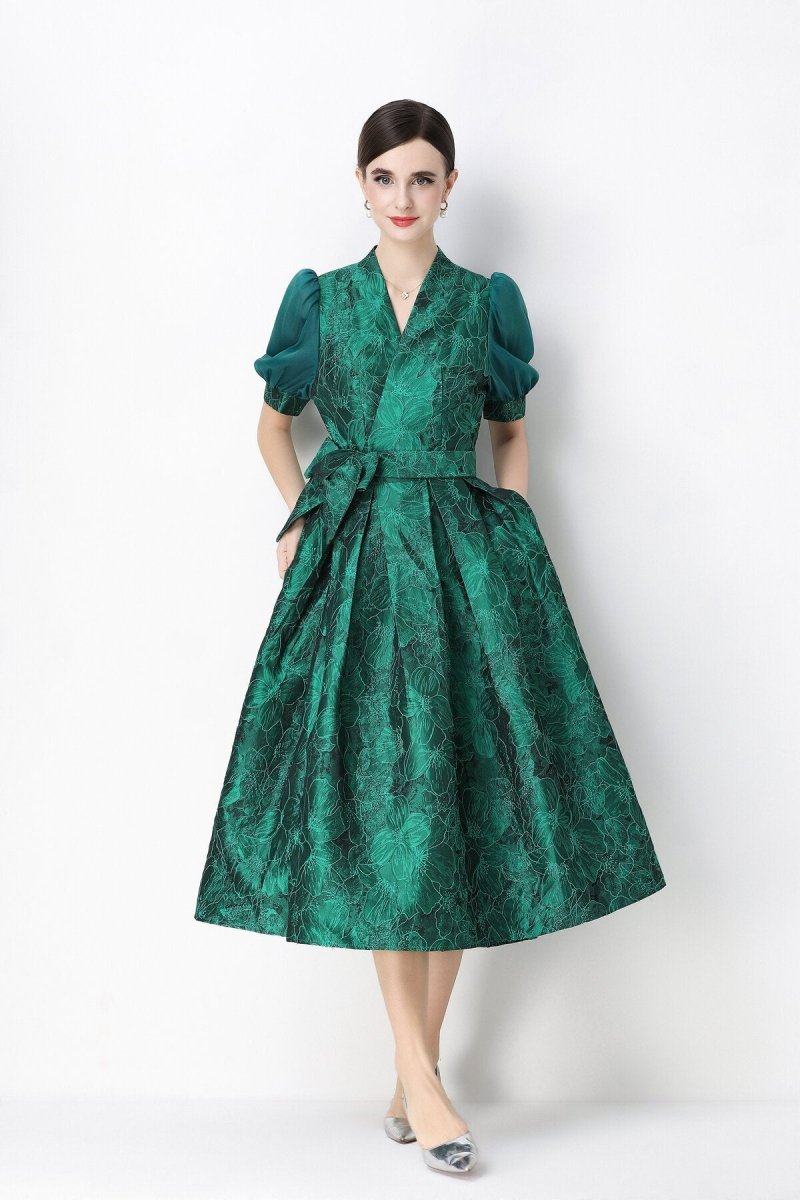 Floral Jacquard Puff-Sleeve Wrap Midi Dress