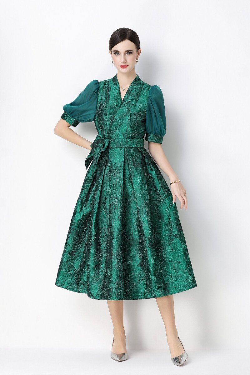 Floral Jacquard Puff-Sleeve Wrap Midi Dress
