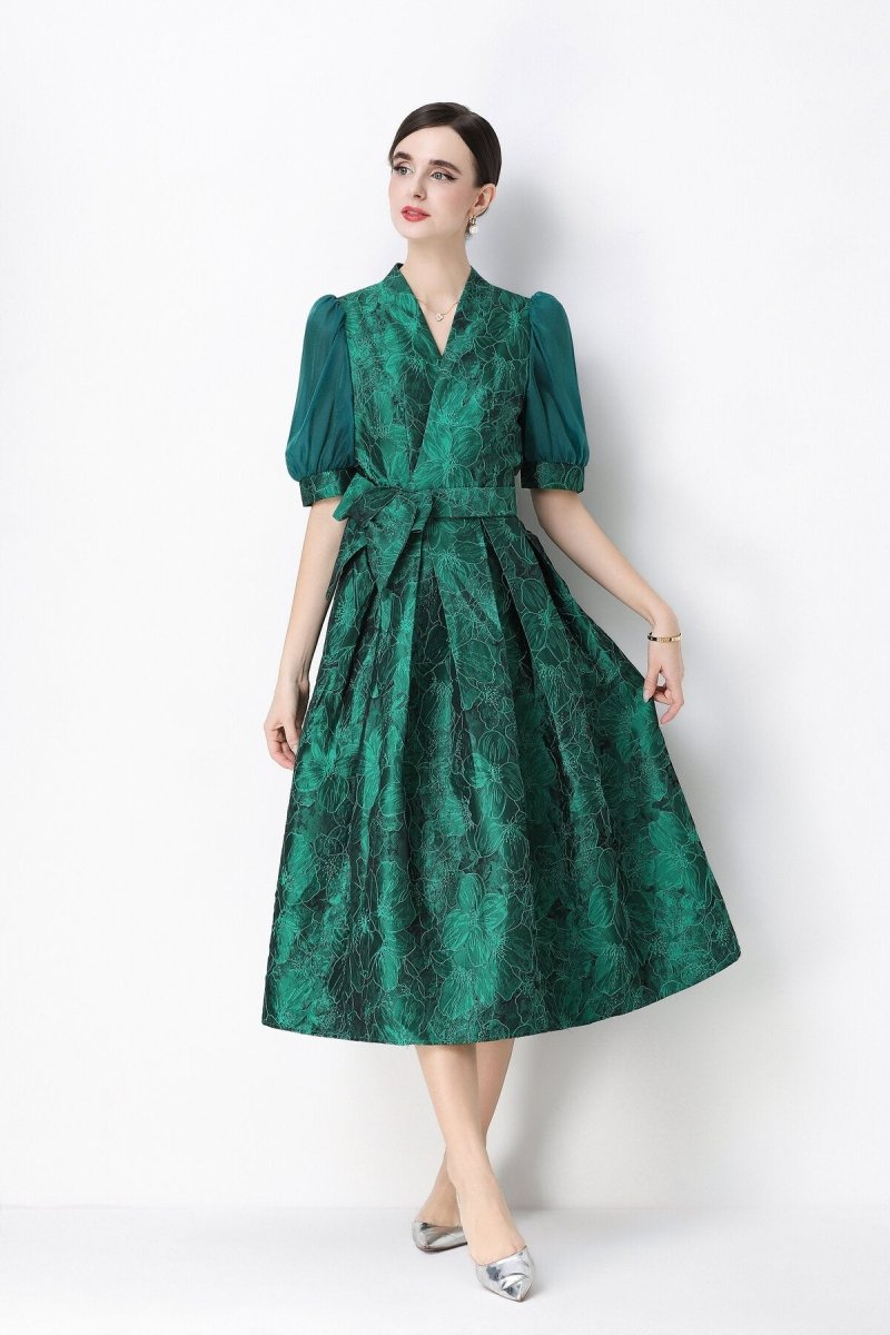Floral Jacquard Puff-Sleeve Wrap Midi Dress