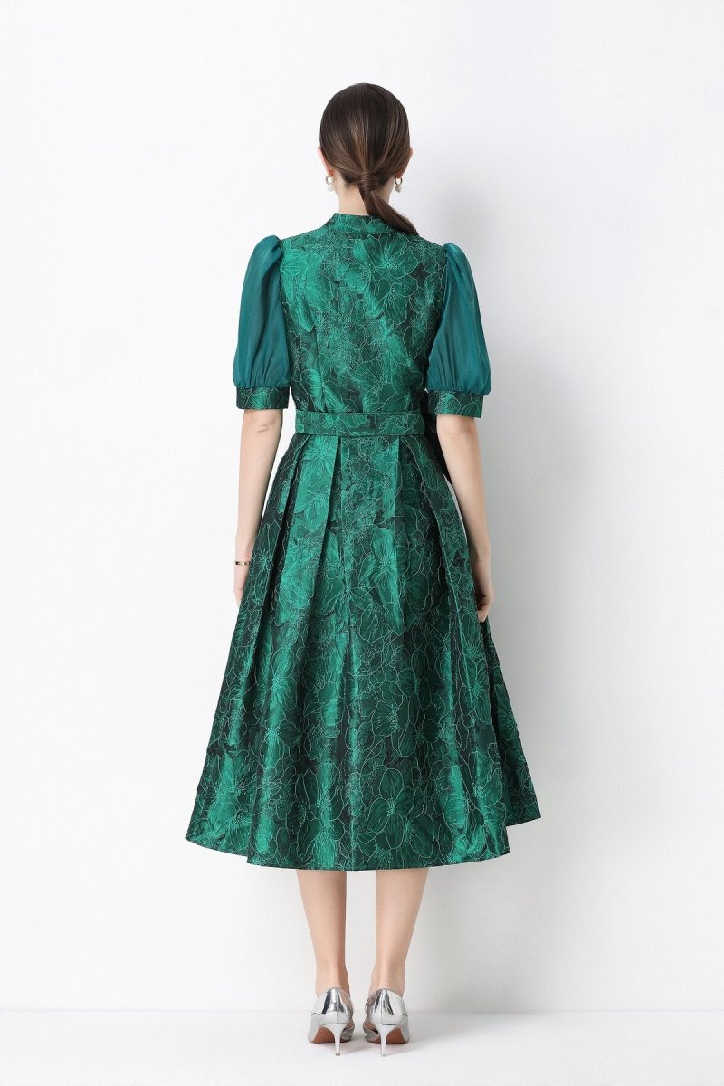 Floral Jacquard Puff-Sleeve Wrap Midi Dress