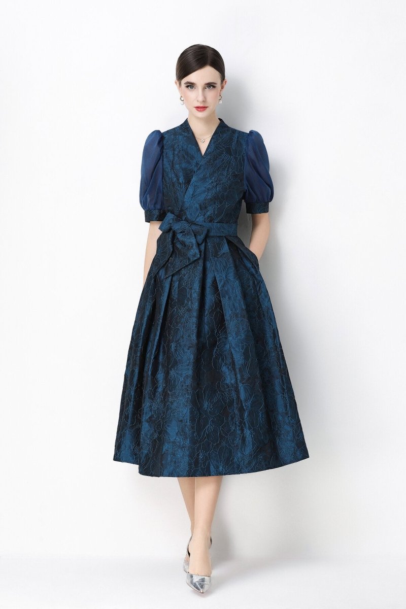 Floral Jacquard Puff-Sleeve Wrap Midi Dress