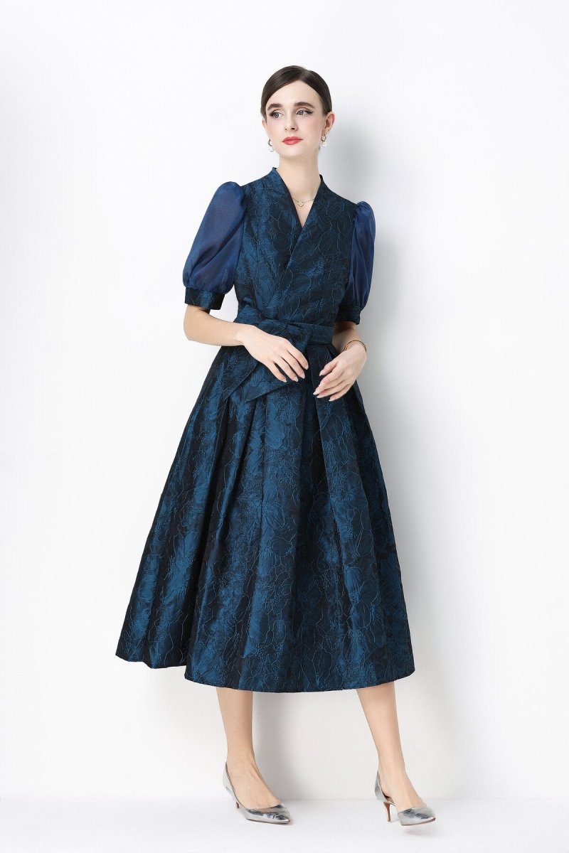 Floral Jacquard Puff-Sleeve Wrap Midi Dress