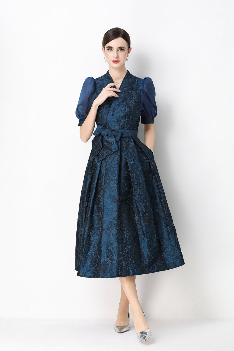 Floral Jacquard Puff-Sleeve Wrap Midi Dress