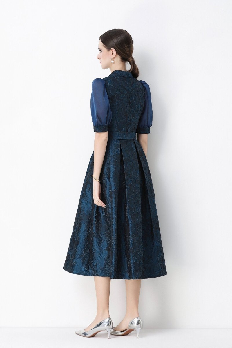 Floral Jacquard Puff-Sleeve Wrap Midi Dress