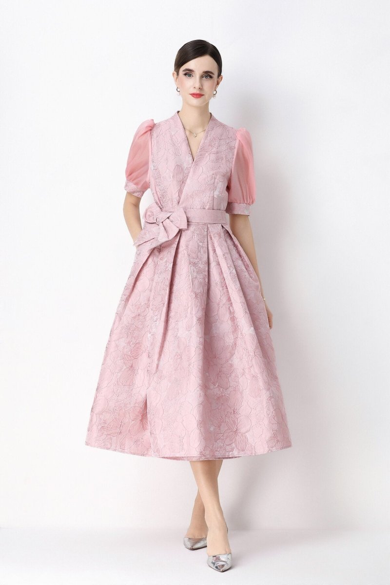 Floral Jacquard Puff-Sleeve Wrap Midi Dress