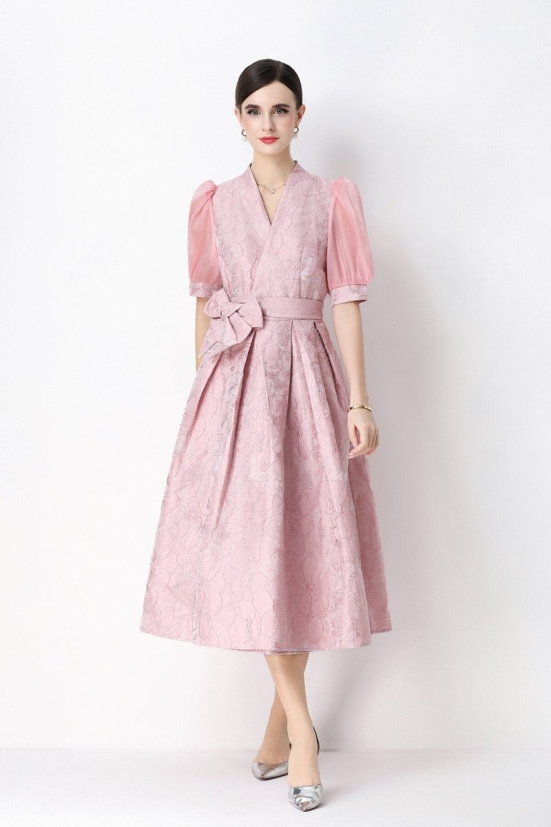 Floral Jacquard Puff-Sleeve Wrap Midi Dress