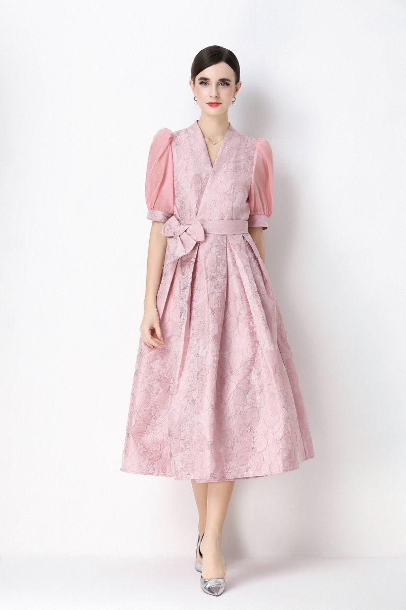 Floral Jacquard Puff-Sleeve Wrap Midi Dress
