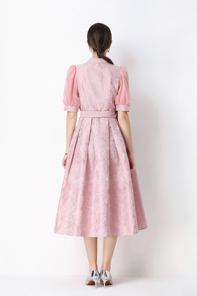 Floral Jacquard Puff-Sleeve Wrap Midi Dress