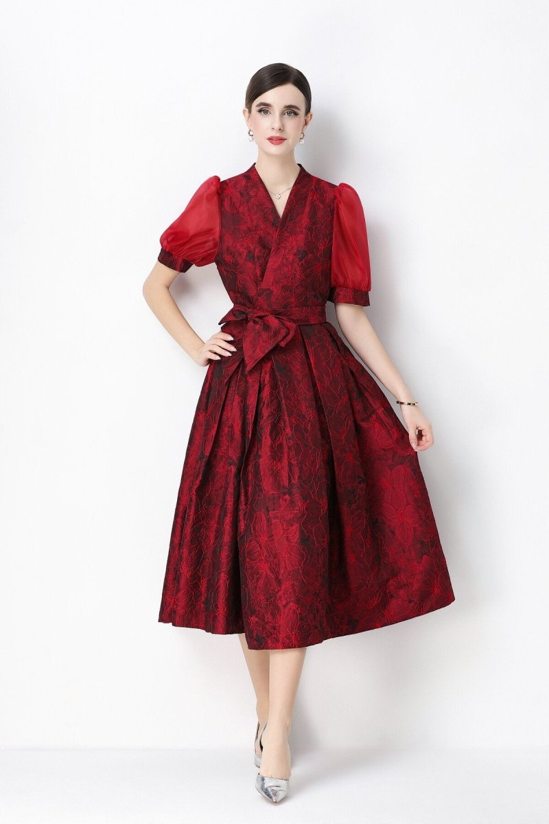 Floral Jacquard Puff-Sleeve Wrap Midi Dress