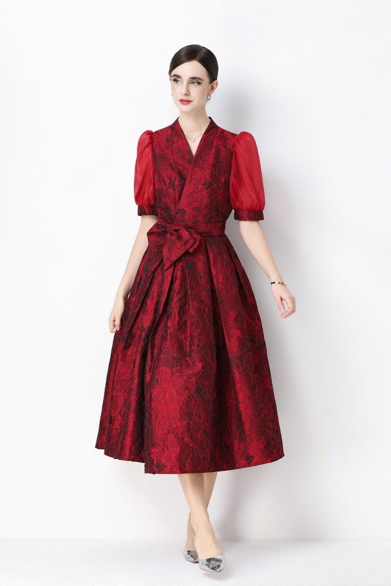 Floral Jacquard Puff-Sleeve Wrap Midi Dress