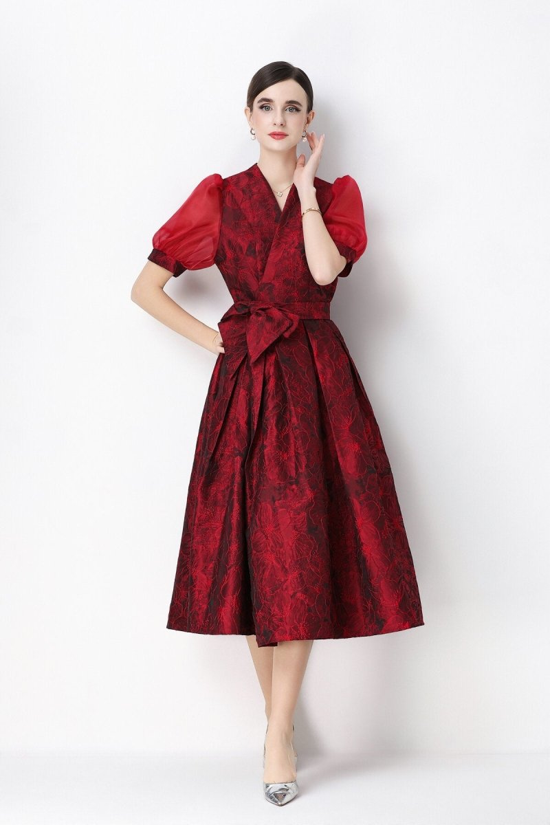 Floral Jacquard Puff-Sleeve Wrap Midi Dress