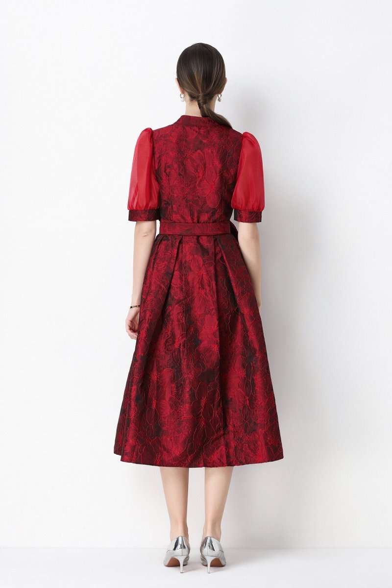 Floral Jacquard Puff-Sleeve Wrap Midi Dress