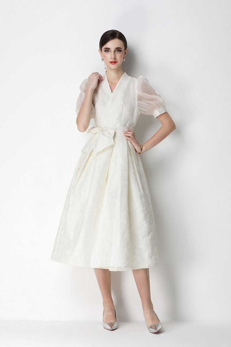 Floral Jacquard Puff-Sleeve Wrap Midi Dress