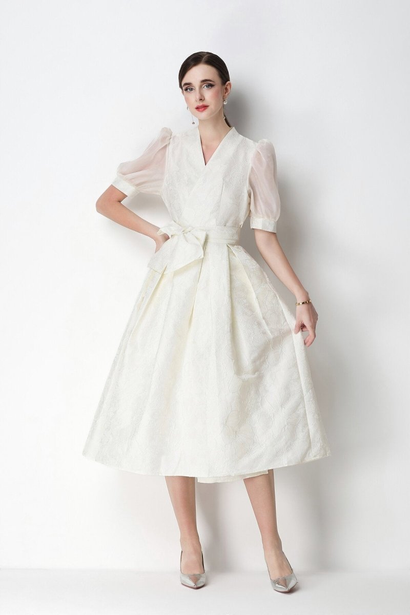 Floral Jacquard Puff-Sleeve Wrap Midi Dress