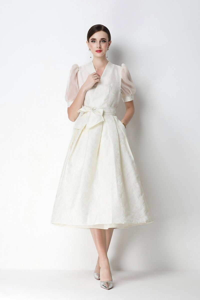 Floral Jacquard Puff-Sleeve Wrap Midi Dress