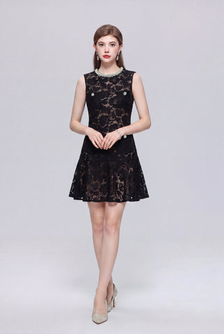 Floral Lace Crystal-Collar Sleeveless Mini Dress with Jeweled Pockets and Flounce Hem